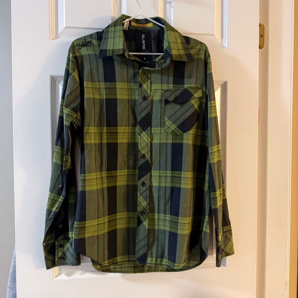 Billabong Plaid Flannel Shirt Green Black Men's S Gorpcore Cabin Grunge Y2K